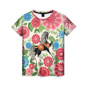 Женская футболка 3D с принтом Роспись в Санкт-Петербурге, 100% полиэфир ( синтетическое хлопкоподобное полотно) | прямой крой, круглый вырез горловины, длина до линии бедер | конь | лошадь | узор | цветы
