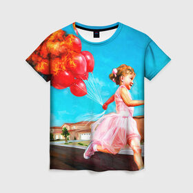 Женская футболка 3D с принтом Девочка с шариками в Санкт-Петербурге, 100% полиэфир ( синтетическое хлопкоподобное полотно) | прямой крой, круглый вырез горловины, длина до линии бедер | картина | огонь