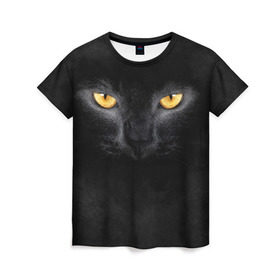 Женская футболка 3D с принтом Черная кошка в Санкт-Петербурге, 100% полиэфир ( синтетическое хлопкоподобное полотно) | прямой крой, круглый вырез горловины, длина до линии бедер | глаза | киса | кот | котик | кошка | черная кошка