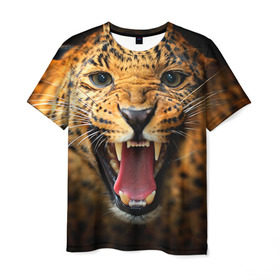Мужская футболка 3D с принтом Леопард в Санкт-Петербурге, 100% полиэфир | прямой крой, круглый вырез горловины, длина до линии бедер | киса | кошка | леопард | хищник