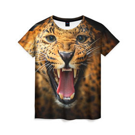 Женская футболка 3D с принтом Леопард в Санкт-Петербурге, 100% полиэфир ( синтетическое хлопкоподобное полотно) | прямой крой, круглый вырез горловины, длина до линии бедер | киса | кошка | леопард | хищник
