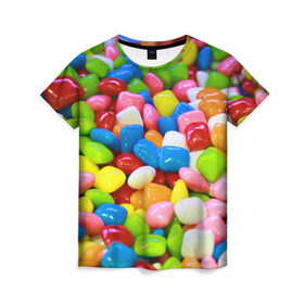 Женская футболка 3D с принтом Конфетки в Санкт-Петербурге, 100% полиэфир ( синтетическое хлопкоподобное полотно) | прямой крой, круглый вырез горловины, длина до линии бедер | вкусности | конфеты | мармелад | сладости