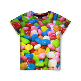 Детская футболка 3D с принтом Конфетки в Санкт-Петербурге, 100% гипоаллергенный полиэфир | прямой крой, круглый вырез горловины, длина до линии бедер, чуть спущенное плечо, ткань немного тянется | вкусности | конфеты | мармелад | сладости