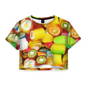 Женская футболка 3D укороченная с принтом Леденцы в Санкт-Петербурге, 100% полиэстер | круглая горловина, длина футболки до линии талии, рукава с отворотами | вкусности | конфеты сладости | леденец