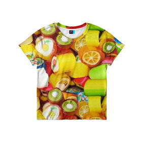Детская футболка 3D с принтом Леденцы в Санкт-Петербурге, 100% гипоаллергенный полиэфир | прямой крой, круглый вырез горловины, длина до линии бедер, чуть спущенное плечо, ткань немного тянется | вкусности | конфеты сладости | леденец