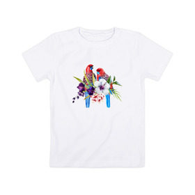 Детская футболка хлопок с принтом Попугаи в Санкт-Петербурге, 100% хлопок | круглый вырез горловины, полуприлегающий силуэт, длина до линии бедер | myparrots | акварель | попугаи | птиц | розелла | цветы