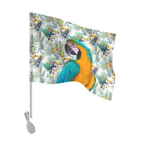 Флаг для автомобиля с принтом Попугаи в Санкт-Петербурге, 100% полиэстер | Размер: 30*21 см | myparrots | parrot | ара | листья | орнамент | попугаи | птицы | рай | синежелтый | тукан | узор | цветы