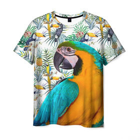 Мужская футболка 3D с принтом Попугаи в Санкт-Петербурге, 100% полиэфир | прямой крой, круглый вырез горловины, длина до линии бедер | myparrots | parrot | ара | листья | орнамент | попугаи | птицы | рай | синежелтый | тукан | узор | цветы