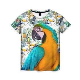 Женская футболка 3D с принтом Попугаи в Санкт-Петербурге, 100% полиэфир ( синтетическое хлопкоподобное полотно) | прямой крой, круглый вырез горловины, длина до линии бедер | myparrots | parrot | ара | листья | орнамент | попугаи | птицы | рай | синежелтый | тукан | узор | цветы