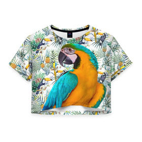 Женская футболка 3D укороченная с принтом Попугаи в Санкт-Петербурге, 100% полиэстер | круглая горловина, длина футболки до линии талии, рукава с отворотами | myparrots | parrot | ара | листья | орнамент | попугаи | птицы | рай | синежелтый | тукан | узор | цветы