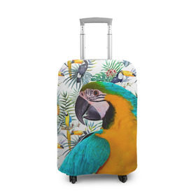 Чехол для чемодана 3D с принтом Попугаи в Санкт-Петербурге, 86% полиэфир, 14% спандекс | двустороннее нанесение принта, прорези для ручек и колес | myparrots | parrot | ара | листья | орнамент | попугаи | птицы | рай | синежелтый | тукан | узор | цветы