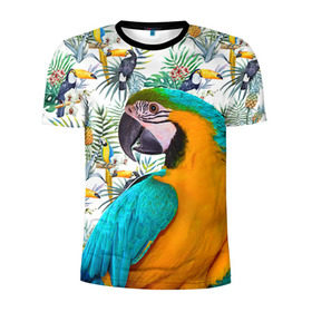 Мужская футболка 3D спортивная с принтом Попугаи в Санкт-Петербурге, 100% полиэстер с улучшенными характеристиками | приталенный силуэт, круглая горловина, широкие плечи, сужается к линии бедра | myparrots | parrot | ара | листья | орнамент | попугаи | птицы | рай | синежелтый | тукан | узор | цветы