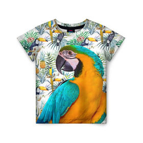 Детская футболка 3D с принтом Попугаи в Санкт-Петербурге, 100% гипоаллергенный полиэфир | прямой крой, круглый вырез горловины, длина до линии бедер, чуть спущенное плечо, ткань немного тянется | Тематика изображения на принте: myparrots | parrot | ара | листья | орнамент | попугаи | птицы | рай | синежелтый | тукан | узор | цветы