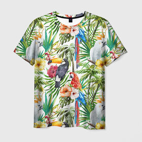 Мужская футболка 3D с принтом Попугаи в Санкт-Петербурге, 100% полиэфир | прямой крой, круглый вырез горловины, длина до линии бедер | myparrots | parrot | ара | листья | орнамент | попугаи | птицы | рай | тукан | узор | цветы