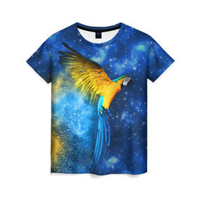 Женская футболка 3D с принтом Попугаи в Санкт-Петербурге, 100% полиэфир ( синтетическое хлопкоподобное полотно) | прямой крой, круглый вырез горловины, длина до линии бедер | macaw | myparrots | parrot | ара | космос | попугаи | птицы