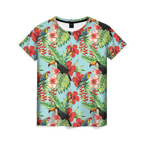 Женская футболка 3D с принтом Попугаи в Санкт-Петербурге, 100% полиэфир ( синтетическое хлопкоподобное полотно) | прямой крой, круглый вырез горловины, длина до линии бедер | myparrots | parrotузор | листья | орнамент | попугаи | птицы | рай | розелла | тукан | цветы
