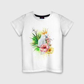 Детская футболка хлопок с принтом Какаду в Санкт-Петербурге, 100% хлопок | круглый вырез горловины, полуприлегающий силуэт, длина до линии бедер | myparrots | parrot | листья | орнамент | попугаи | птицы | рай | узор | цветы
