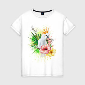 Женская футболка хлопок с принтом Какаду в Санкт-Петербурге, 100% хлопок | прямой крой, круглый вырез горловины, длина до линии бедер, слегка спущенное плечо | myparrots | parrot | листья | орнамент | попугаи | птицы | рай | узор | цветы