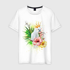 Мужская футболка хлопок с принтом Какаду в Санкт-Петербурге, 100% хлопок | прямой крой, круглый вырез горловины, длина до линии бедер, слегка спущенное плечо. | myparrots | parrot | листья | орнамент | попугаи | птицы | рай | узор | цветы