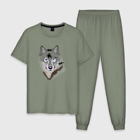 Мужская пижама хлопок с принтом Волк в Санкт-Петербурге, 100% хлопок | брюки и футболка прямого кроя, без карманов, на брюках мягкая резинка на поясе и по низу штанин
 | волк | волкволчёнок | рисованный волк | серый волк