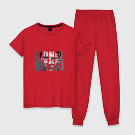 Женская пижама хлопок с принтом Lionel Messi face в Санкт-Петербурге, 100% хлопок | брюки и футболка прямого кроя, без карманов, на брюках мягкая резинка на поясе и по низу штанин | месси