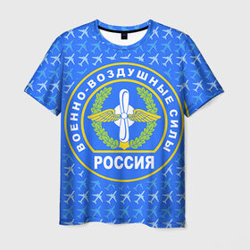 Мужская футболка 3D с принтом ВВС РОССИИ в Санкт-Петербурге, 100% полиэфир | прямой крой, круглый вырез горловины, длина до линии бедер | авиация | герб | летчику | небо