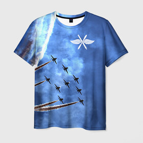 Мужская футболка 3D с принтом Самолеты в небе в Санкт-Петербурге, 100% полиэфир | прямой крой, круглый вырез горловины, длина до линии бедер | Тематика изображения на принте: авиатор | авиация | ввс | герб | летчику | небо | самолет | флаг