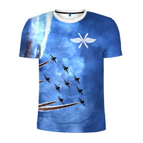 Мужская футболка 3D спортивная с принтом Самолеты в небе в Санкт-Петербурге, 100% полиэстер с улучшенными характеристиками | приталенный силуэт, круглая горловина, широкие плечи, сужается к линии бедра | Тематика изображения на принте: авиатор | авиация | ввс | герб | летчику | небо | самолет | флаг