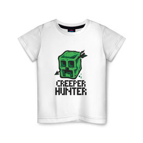 Детская футболка хлопок с принтом Creeper hunter в Санкт-Петербурге, 100% хлопок | круглый вырез горловины, полуприлегающий силуэт, длина до линии бедер | Тематика изображения на принте: крипер | майнкрафт | охотник