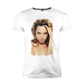 Мужская футболка премиум с принтом Анджелина Джоли в Санкт-Петербурге, 92% хлопок, 8% лайкра | приталенный силуэт, круглый вырез ворота, длина до линии бедра, короткий рукав | Тематика изображения на принте: angelina jolie | анджелина джоли | кинозвезда