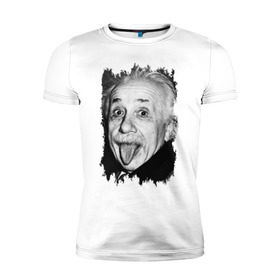 Мужская футболка премиум с принтом Энштейн показывает язык в Санкт-Петербурге, 92% хлопок, 8% лайкра | приталенный силуэт, круглый вырез ворота, длина до линии бедра, короткий рукав | albert einstein | альберт энштейн | учёный | физика