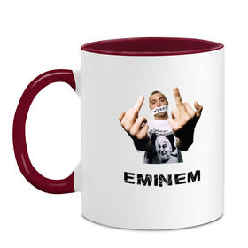 Кружка двухцветная с принтом Eminem Fuck в Санкт-Петербурге, керамика | объем — 330 мл, диаметр — 80 мм. Цветная ручка и кайма сверху, в некоторых цветах — вся внутренняя часть | marshal mathers | rap | slim shady