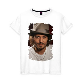 Женская футболка хлопок с принтом Джонни Депп (Johnny Depp) в Санкт-Петербурге, 100% хлопок | прямой крой, круглый вырез горловины, длина до линии бедер, слегка спущенное плечо | johnny depp | голливуд | джонни депп | кинозвезда