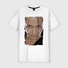 Мужская футболка премиум с принтом Лара Крофт (Анджелина Джоли) в Санкт-Петербурге, 92% хлопок, 8% лайкра | приталенный силуэт, круглый вырез ворота, длина до линии бедра, короткий рукав | Тематика изображения на принте: анджелина джоли | голливуд | расхитительница гробниц