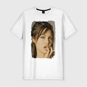 Мужская футболка премиум с принтом Анджелина Джоли в Санкт-Петербурге, 92% хлопок, 8% лайкра | приталенный силуэт, круглый вырез ворота, длина до линии бедра, короткий рукав | Тематика изображения на принте: angelina jolie | анджелина джоли | кинозвезда