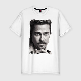 Мужская футболка премиум с принтом Брэд Питт (Brad Pitt) в Санкт-Петербурге, 92% хлопок, 8% лайкра | приталенный силуэт, круглый вырез ворота, длина до линии бедра, короткий рукав | brad pitt | брэд питт | голливуд | кинозвезда