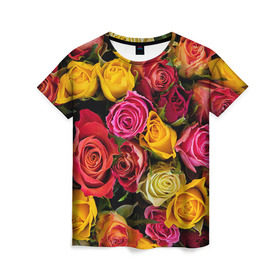 Женская футболка 3D с принтом Цветы в Санкт-Петербурге, 100% полиэфир ( синтетическое хлопкоподобное полотно) | прямой крой, круглый вырез горловины, длина до линии бедер | flower | девушкам | розы | цветочки | цветы