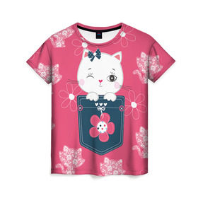 Женская футболка 3D с принтом Котик в Санкт-Петербурге, 100% полиэфир ( синтетическое хлопкоподобное полотно) | прямой крой, круглый вырез горловины, длина до линии бедер | девушкам | карман | киса | котик | кошка | цветы