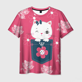 Мужская футболка 3D с принтом Котик в Санкт-Петербурге, 100% полиэфир | прямой крой, круглый вырез горловины, длина до линии бедер | девушкам | карман | киса | котик | кошка | цветы