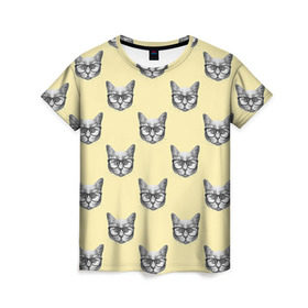 Женская футболка 3D с принтом Котик в Санкт-Петербурге, 100% полиэфир ( синтетическое хлопкоподобное полотно) | прямой крой, круглый вырез горловины, длина до линии бедер | киса | котик | кошка | очки