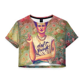 Женская футболка 3D укороченная с принтом Фрида в Санкт-Петербурге, 100% полиэстер | круглая горловина, длина футболки до линии талии, рукава с отворотами | девушка | искусство | кало | фрида | цветы