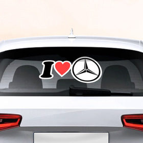 Наклейка на авто - для заднего стекла с принтом I love Mercedes в Санкт-Петербурге, ПВХ | Точные размеры наклейки зависят от выбранного изображения (ширина не больше 75 мм, высота не больше 45 мм) | Тематика изображения на принте: автобренд | лого | машина | мерседес | я люблю