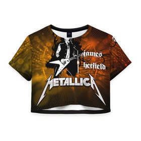 Женская футболка 3D укороченная с принтом METALLICA в Санкт-Петербурге, 100% полиэстер | круглая горловина, длина футболки до линии талии, рукава с отворотами | металлика