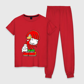 Женская пижама хлопок с принтом Knuckles в Санкт-Петербурге, 100% хлопок | брюки и футболка прямого кроя, без карманов, на брюках мягкая резинка на поясе и по низу штанин | knukles | sonic | ехидна | наклз | соник