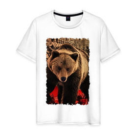 Мужская футболка хлопок с принтом Могучий русский медведь в Санкт-Петербурге, 100% хлопок | прямой крой, круглый вырез горловины, длина до линии бедер, слегка спущенное плечо. | Тематика изображения на принте: медведь | отвага | родина | россия | сила | я русский