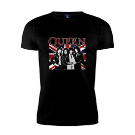 Мужская футболка премиум с принтом Queen band в Санкт-Петербурге, 92% хлопок, 8% лайкра | приталенный силуэт, круглый вырез ворота, длина до линии бедра, короткий рукав | Тематика изображения на принте: england | freddie | mercury | queen   легендарная рок группаqueen | фредди меркьури