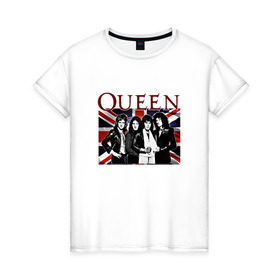 Женская футболка хлопок с принтом Queen band в Санкт-Петербурге, 100% хлопок | прямой крой, круглый вырез горловины, длина до линии бедер, слегка спущенное плечо | england | freddie | mercury | queen   легендарная рок группаqueen | фредди меркьури
