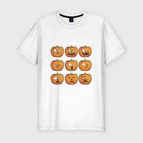 Мужская футболка премиум с принтом Набор тыкв (Хеллоуин) в Санкт-Петербурге, 92% хлопок, 8% лайкра | приталенный силуэт, круглый вырез ворота, длина до линии бедра, короткий рукав | halloween | мистика | смайл | тыква | ужас | хеллоуин