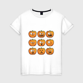 Женская футболка хлопок с принтом Набор тыкв (Хеллоуин) в Санкт-Петербурге, 100% хлопок | прямой крой, круглый вырез горловины, длина до линии бедер, слегка спущенное плечо | halloween | мистика | смайл | тыква | ужас | хеллоуин