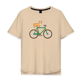 Мужская футболка хлопок Oversize с принтом Корги на велосипеде в Санкт-Петербурге, 100% хлопок | свободный крой, круглый ворот, “спинка” длиннее передней части | Тематика изображения на принте: велосипед | корги | собака